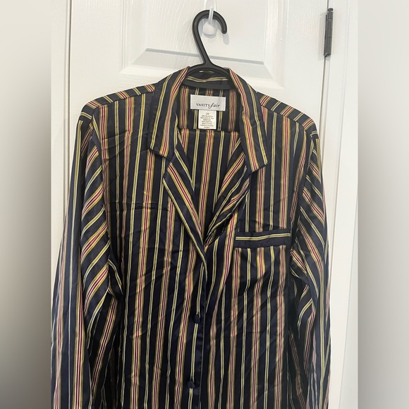 Vintage Vanity Fair Pajama Set Silky Blue Striped Button Pockets Elastic Size L - Picture 2 of 10